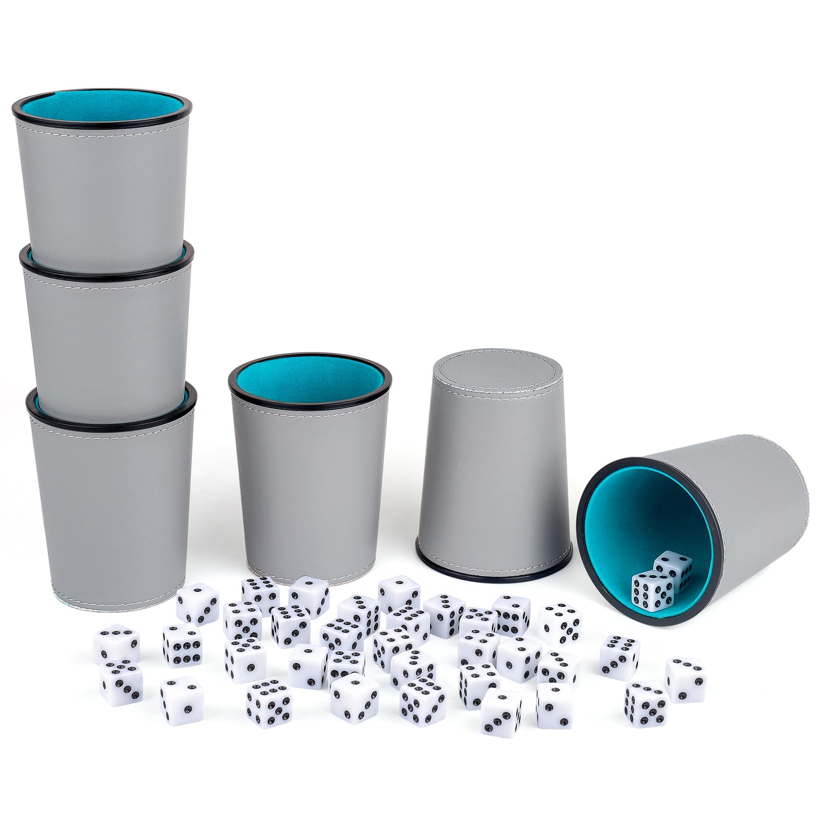 Filzgefüttertes Würfelbecher-Set aus PU-Leder, 6 leise Würfelbecher mit 36 Würfeln für Bar-Party, Yahtzee Farkle-Würfelspiele, Grau und Blau
