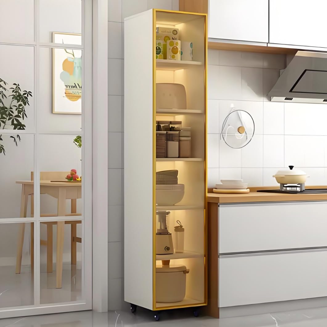 YVYKFZD Slim Storage Cart, Narrow Storage Cabinet, Rolling Utility Carts with Wheels and Tempered Glass Doors, Mobile Kitchen Cart, Bathroom Organizer, No Lighting(White+B,6 Tier 15.7"x15.7"x77.9")