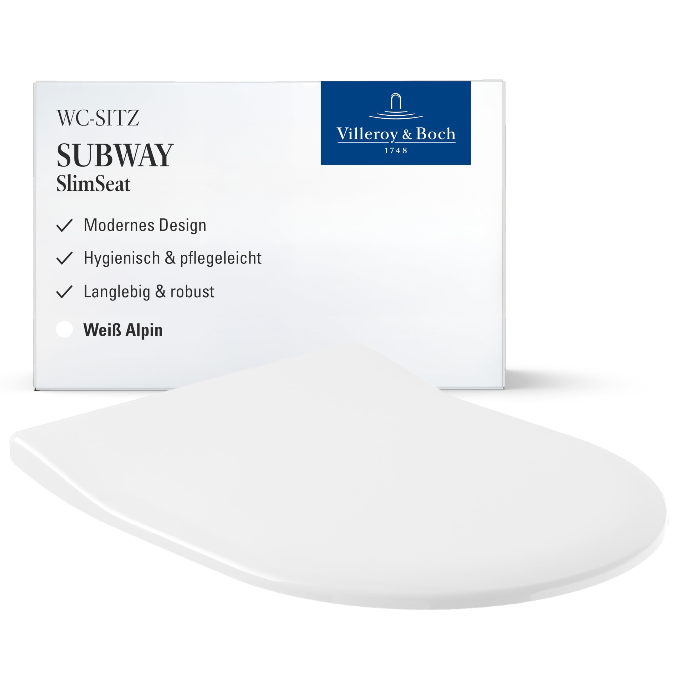 Villeroy & Boch Subway SlimSeat WC-Sitz, D-Form – Weiß Alpin, glänzend | Mit Edelstahl-Scharnieren, ultraflach, aus bruchsicherem Duroplast, Original Ersatzteil, 9M656101