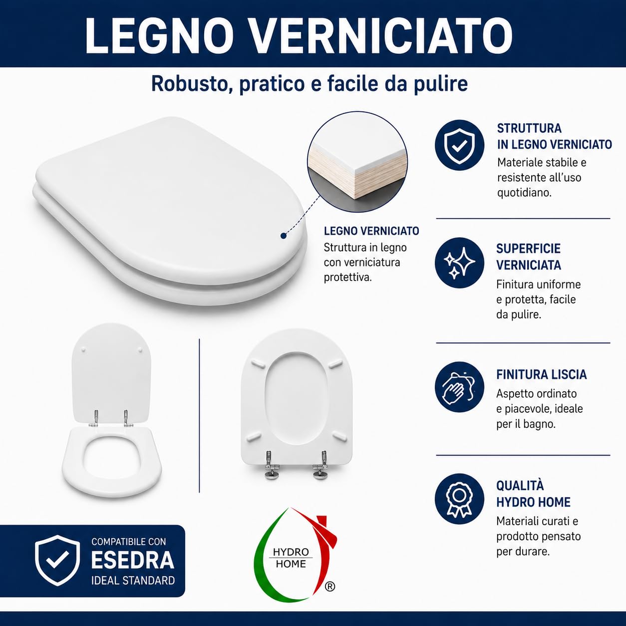 Hydro Home Copriwater Esedra Ideal Standard Compatibile, Sedile WC in MDF Verniciato Bianco, Tavoletta WC con Cerniere in Metallo, Fissaggio dall’Alto
