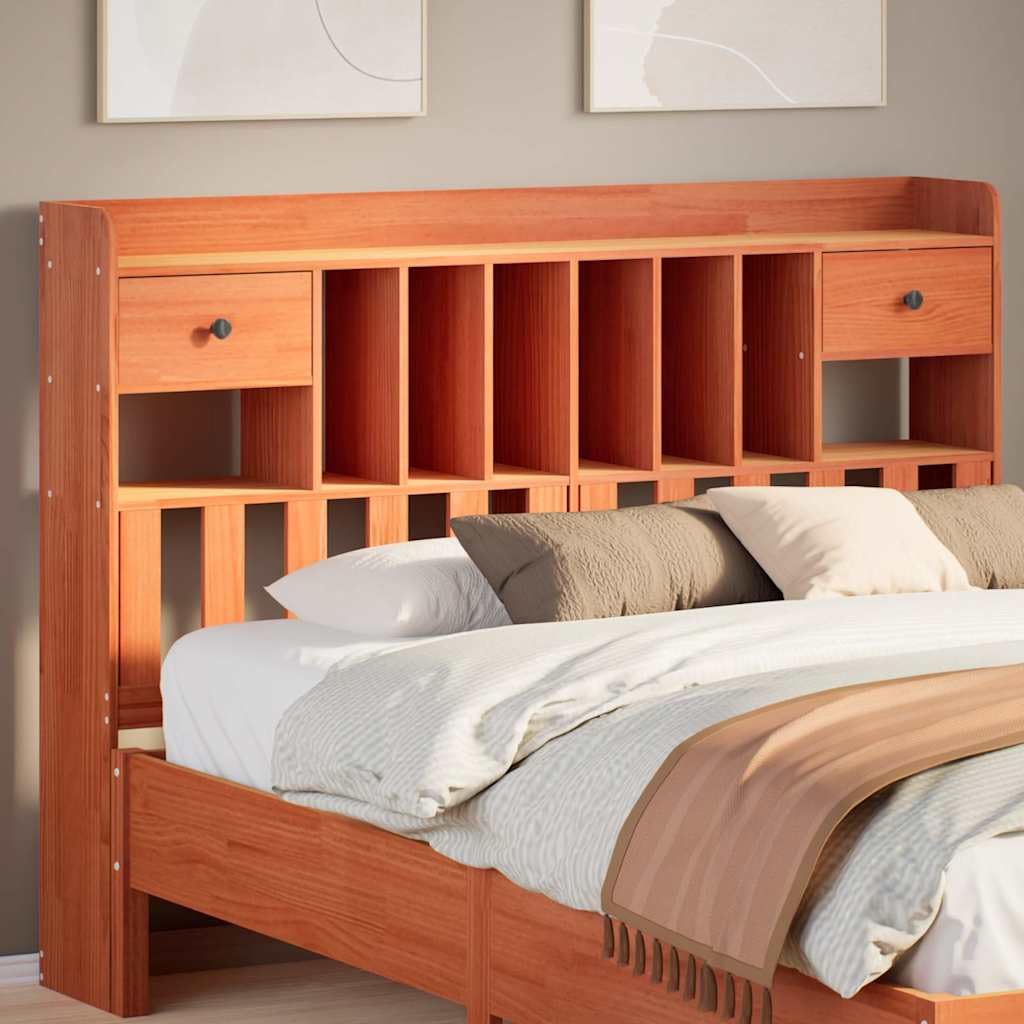 Cabecero de pino encerado 150 cm, cama trasera 6 compartimentos, 2 cajones, independiente colchón 150
