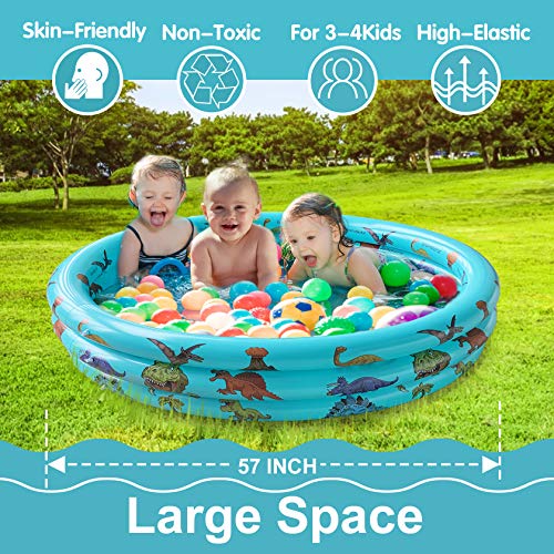 Dinosaur Inflatable Pool For Kids, Dino Kiddie Swimming Pool, Blow Up 3 Rings Round Baby Padding Pool For Outside And Indoor, Toddler Pool Ball Pit/Fishing/Toys Play Center For Garden- 57”X15” #TOP2
