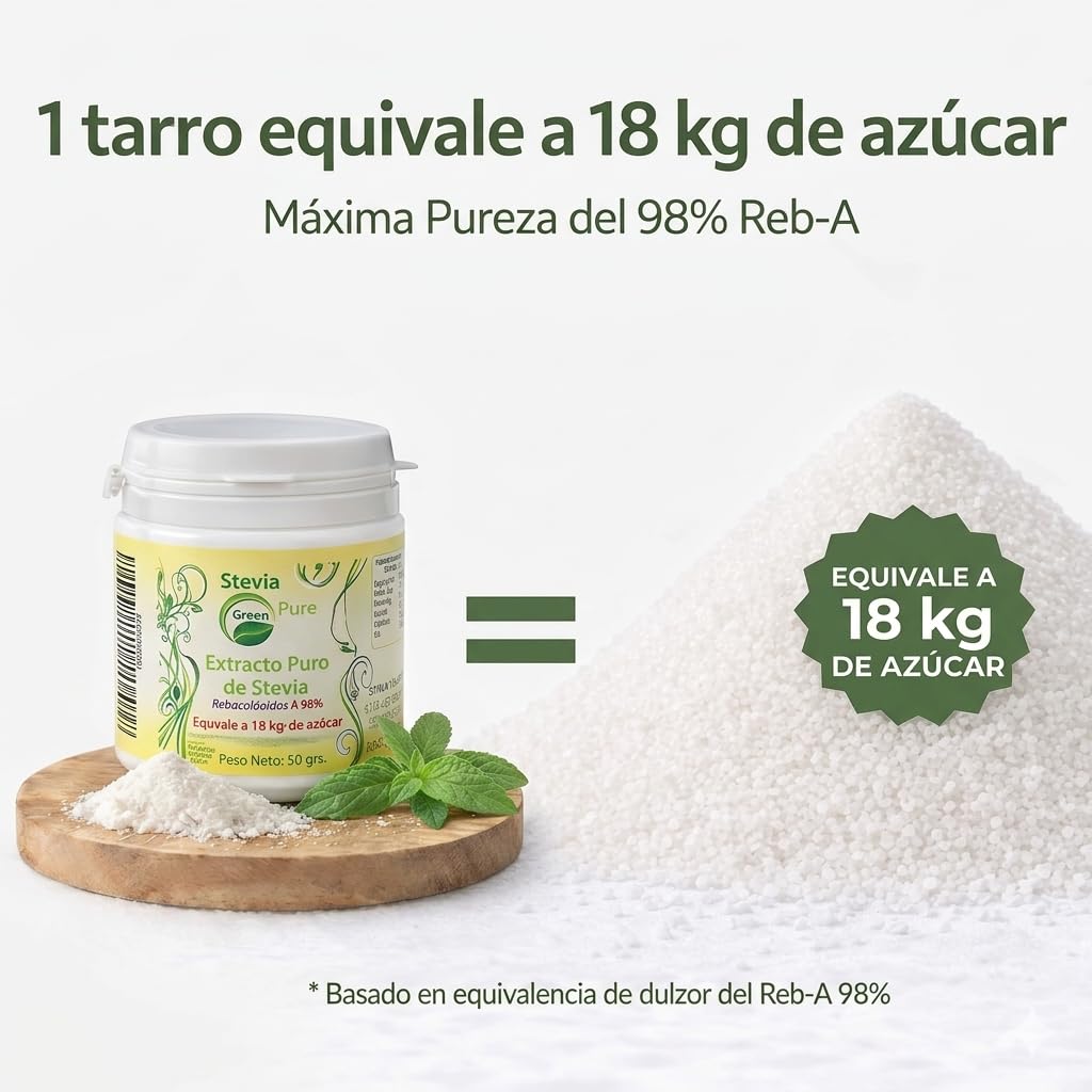 Stevia Gallega Pure green en Polvo (50g) – Extracto Puro al 98% Reb-A, Alta Concentración (1 Tarro = 18kg Azúcar) – Edulcorante Natural para Repostería, Postres y Cocina Saludable