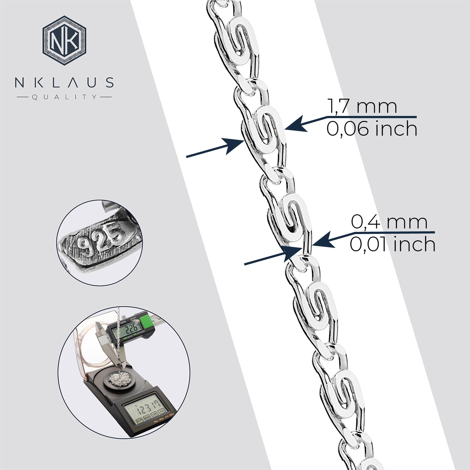 NKlaus Naszyjnik Biżuteria ze Srebra Wysokiej Próby 925, Grubość 1,70 mm, Długość do Wyboru 38 cm – 55 cm, Srebro Wysokiej Próby 925 e Srebro, Cod. 8979