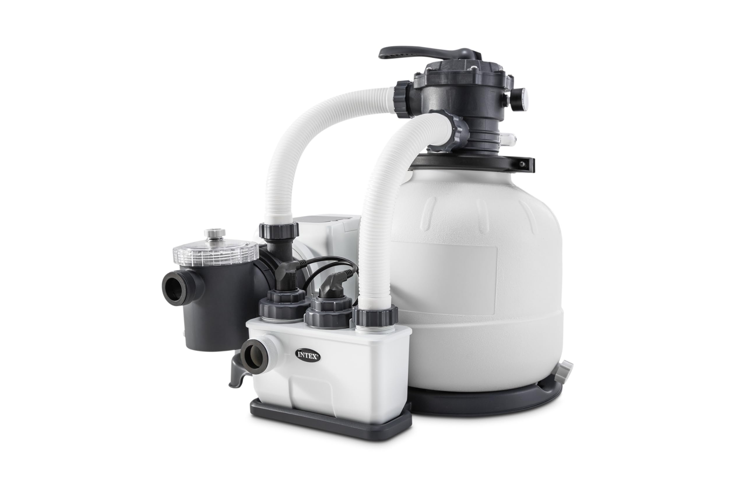 Intex 26676 – Pompa Filtro a Sabbia Krystal Clear con Generatore Salino di Cloro Saltwater System Integrato, Flusso d'Acqua 7900 L/h, Flusso di Sistema 6000 L/h, per piscine con massimo 32200 L