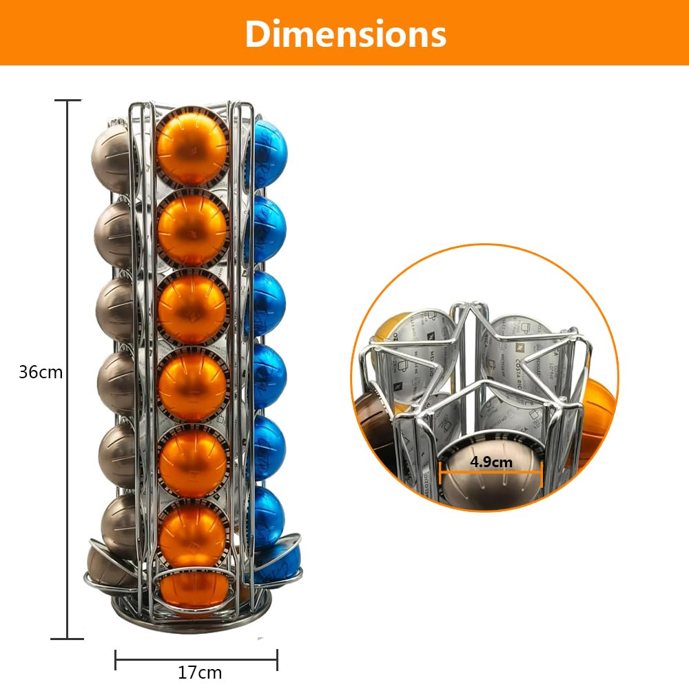 Meelio Coffee Pod Holder for Nespresso Vertuo, 360 Degrees Revolving Carousel, Holds 28 Nespresso Vertuo Pods, Space-Saving Countertop Organizer, Smooth Spin & Secure Slots, Black: Silver 35 Vertuo Pod