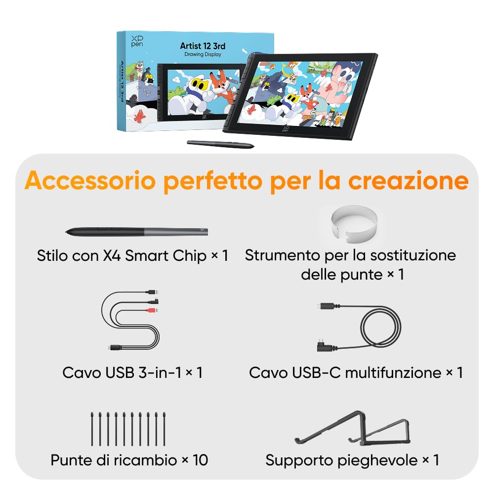 XPPen Artist 12 3rd Tavoletta grafica con schermo, 12 pollici con rotella X-Dial, 8 tasti rapidi, stilo X4 a 16384 livelli per illustratori, designer o studenti d'arte