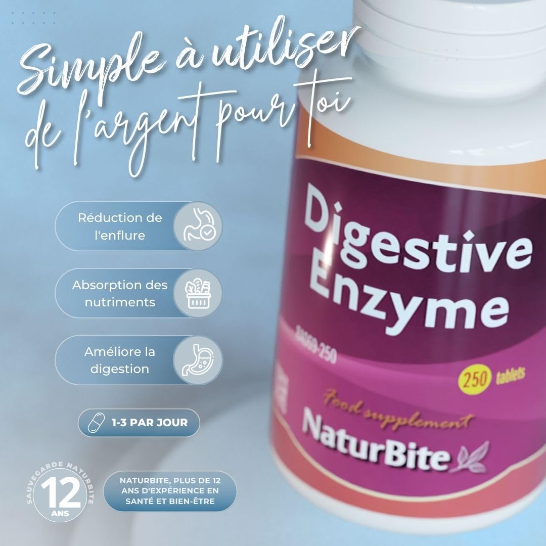Naturbite Enzymes Digestives, 250 comprimés. Améliorez Votre Processus Digestif en Facilitant la Décomposition et L'absorption des Nutriments Contenus dans les Aliments.