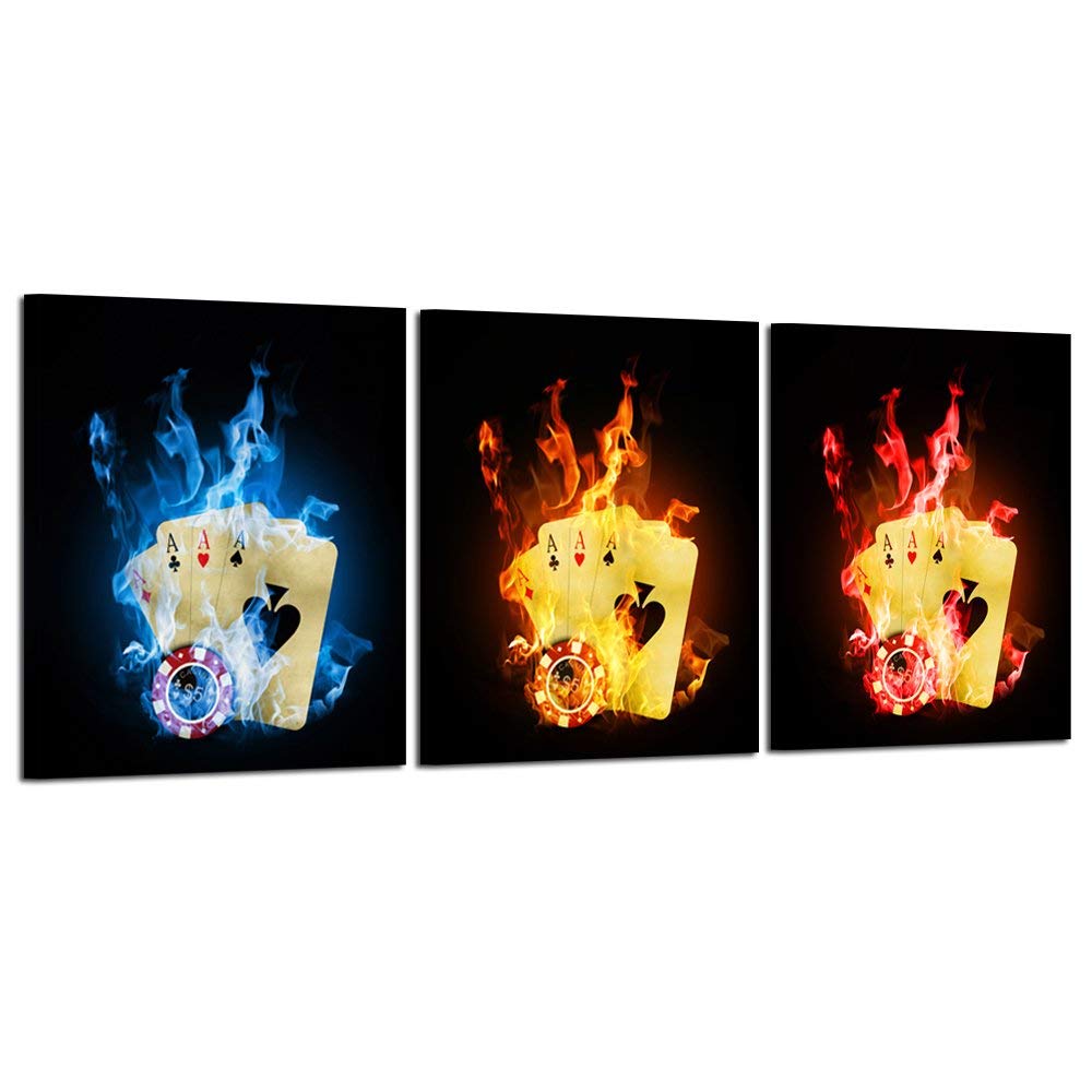 iKNOW FOTO 3 Piece Canvas Prints Old Vintage Poker Cards and Gambling Chip with Fire Wall Art Stretched Wall Painting for Club Walls Decorations 12x16inchx3pcs