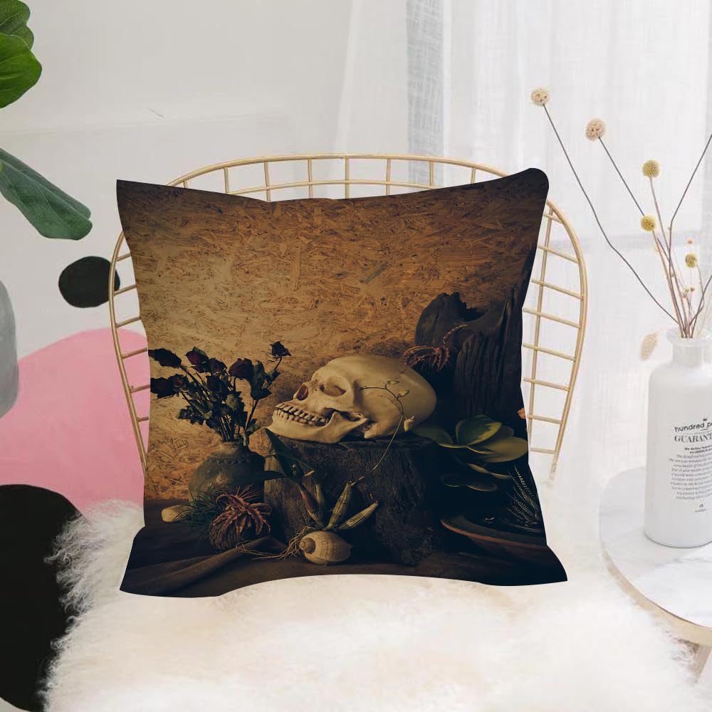 HYMSXW Cushion Cover,Throw Pillow Case Home Decorative for Living Room Bedroom Sofa Chair 20X20 Inch,Death aesthetic still life with skull and dried flowers,Pillowcase 50X50cm