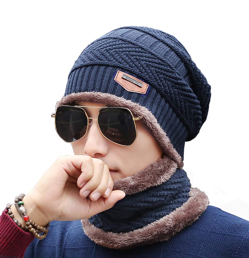 YuepinWinter Hats Scarf Set, Warm Knit Hats Cap Neck Plush Lined Winter Hat Scarf for Men Women