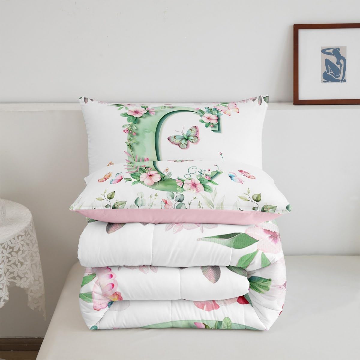 Erosebridal Initial Alphabet C Twin Comforter for Kids Boys Girls,Green Watercolor Letter Bedding Set Personalized Letter C Comforter Set Pink Flowers Garden Plants Quilt Duvet