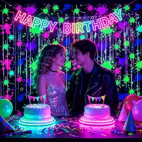 Image of TONIFUL 2Pcs Black Fluorescent Splatter Star Metallic Foil Fringe Curtains | 3.3ftx6.6ft Neon Glow Birthday Party Tinsel Streamers Backdrop for Halloween Bachelorette Graduation Homecoming Decorations