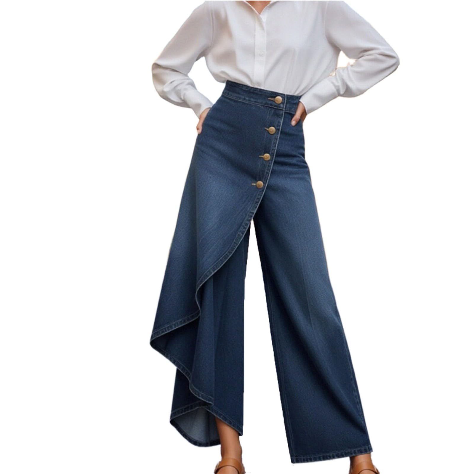 Générique Pantalon Ample et Large pour Femme, Couleur Unie, Imitation Denim, décontracté et Tendance, avec Fermeture boutonnée à la