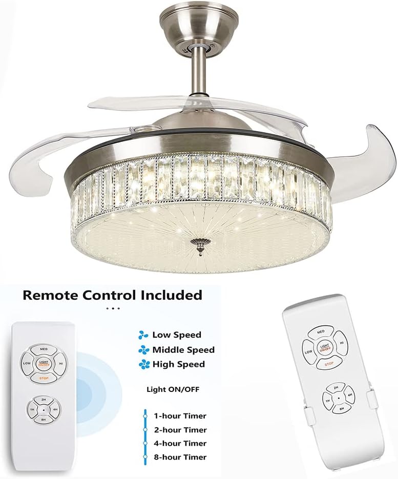 Exсluѕіvе Dіѕсоunt 60% Prісе TFCFL 42 Crystal Ceiling Fan with Light Invisible Retractable Blades Fandelier Variable Speed with Remote Control for Bedroom Living Room