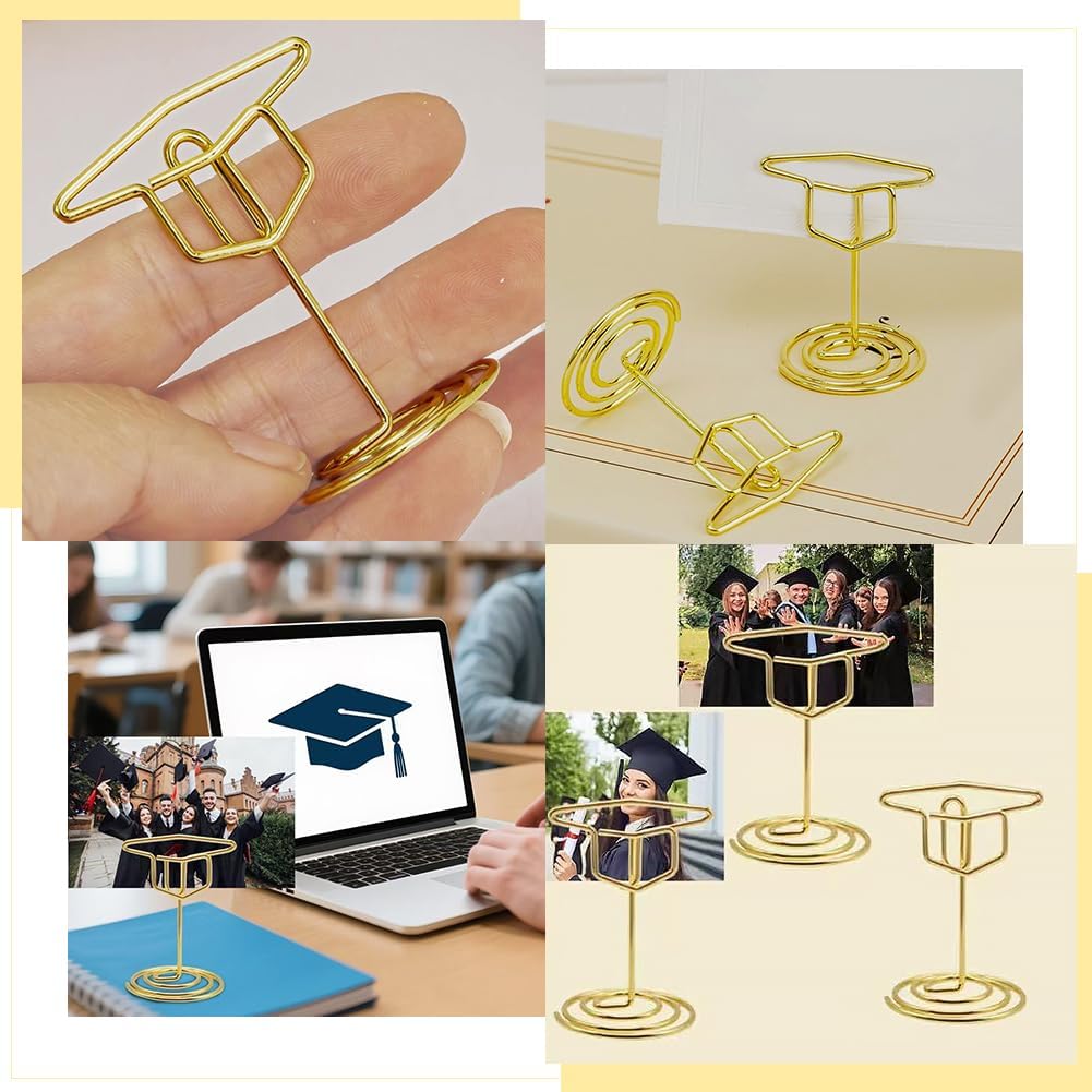 16Pcs Gold Table Number Clips Table Card Holder Stand Doctorial Hat Aesthetic Metal Place Greeting Cards Wire Iron Display Sign Holders for DIY Memo Note Photo Wedding Party Desk Table Signs