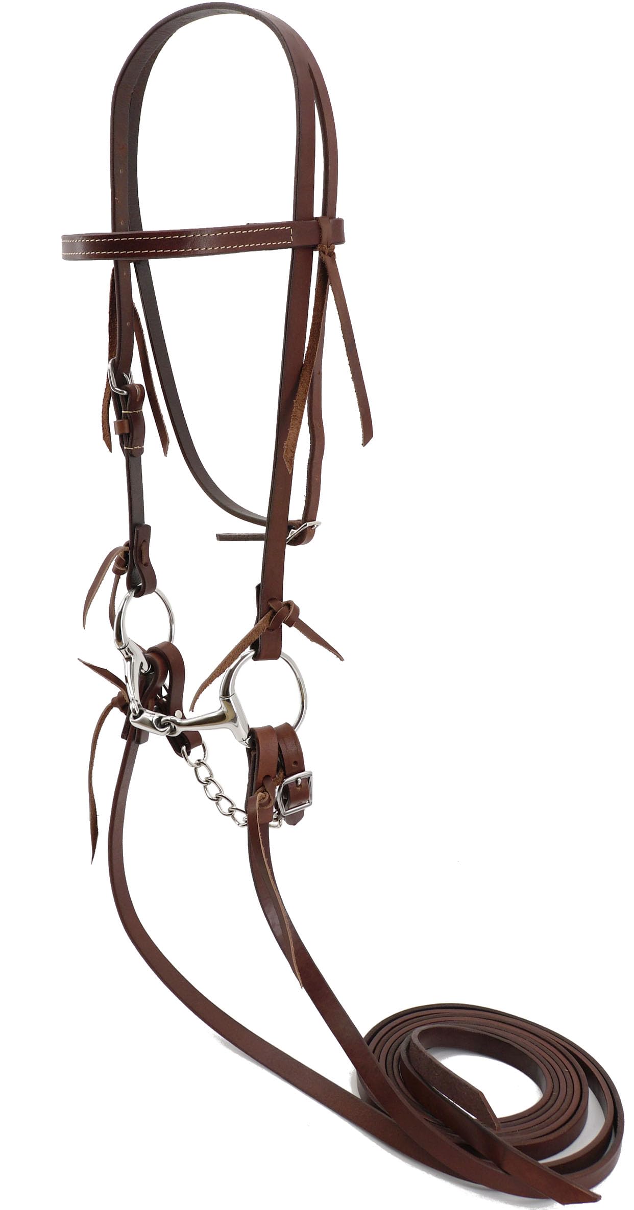 Jeereal Brida de banda para cejas con hebilla de mejilla única, incluye broca de acero inoxidable de 5 pulgadas, riendas divididas de 5/8 pulgadas x 7 pies y correa de eslabones planos de cuero