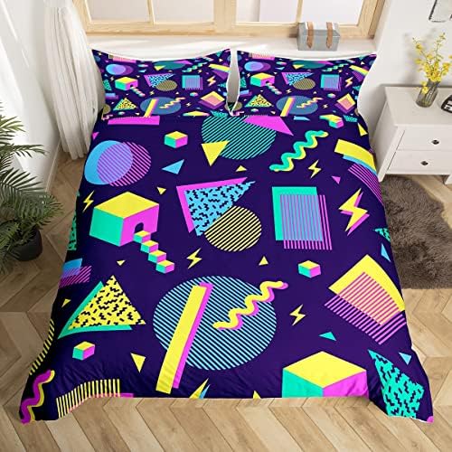 Memphis Geometric Pattern Comforter Cover Set King Size,Retro Style Round Half Moon Triangle Shapes Artwork Duvet Cover Colorful Graphic 80s 90S Style Bedding Set Abstract 1990S Memphis Home Decor
