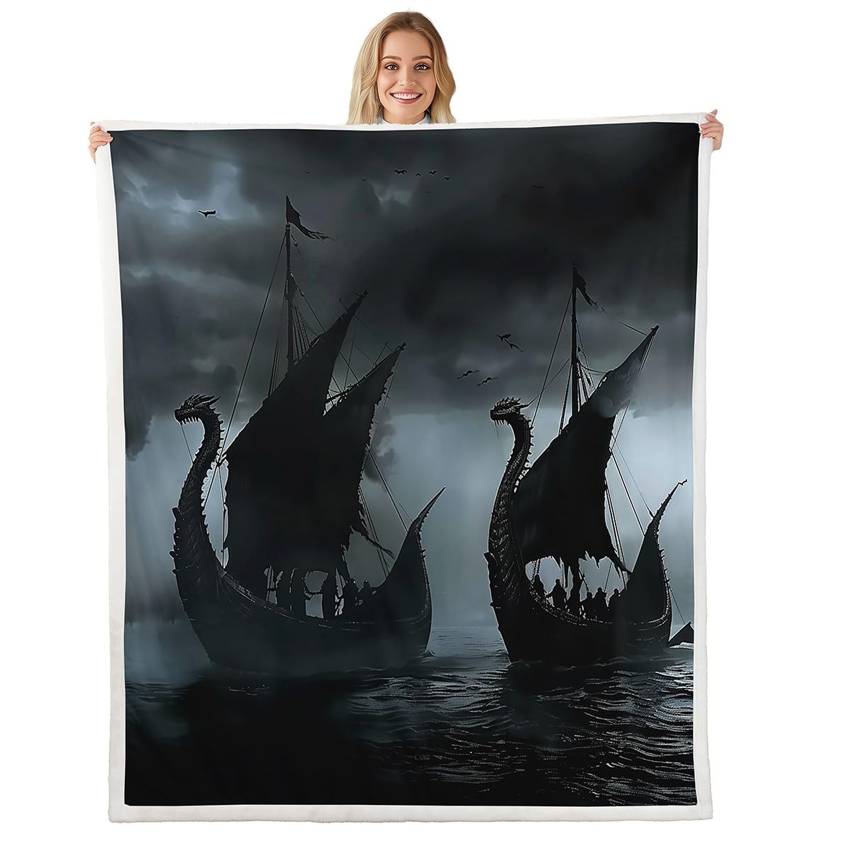 Feelyou Vikings Ship Flannal Blanket Baby 30"x40" Moonlight Ocean Sea Fleece Throw Blanket for Bed Sofa Couch Coastal Sherpa Blanket Room Decorations
