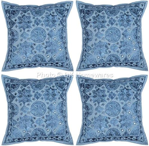 Bohemian Decorative Sofa Throw Pillowcases 16x16 Inch Cotton Mirrored Embroidered Indian Square Couch Cushion Covers (Size - 40x40 cm ; Color: Blue) - Set of 4 Pcs (Cover Only)