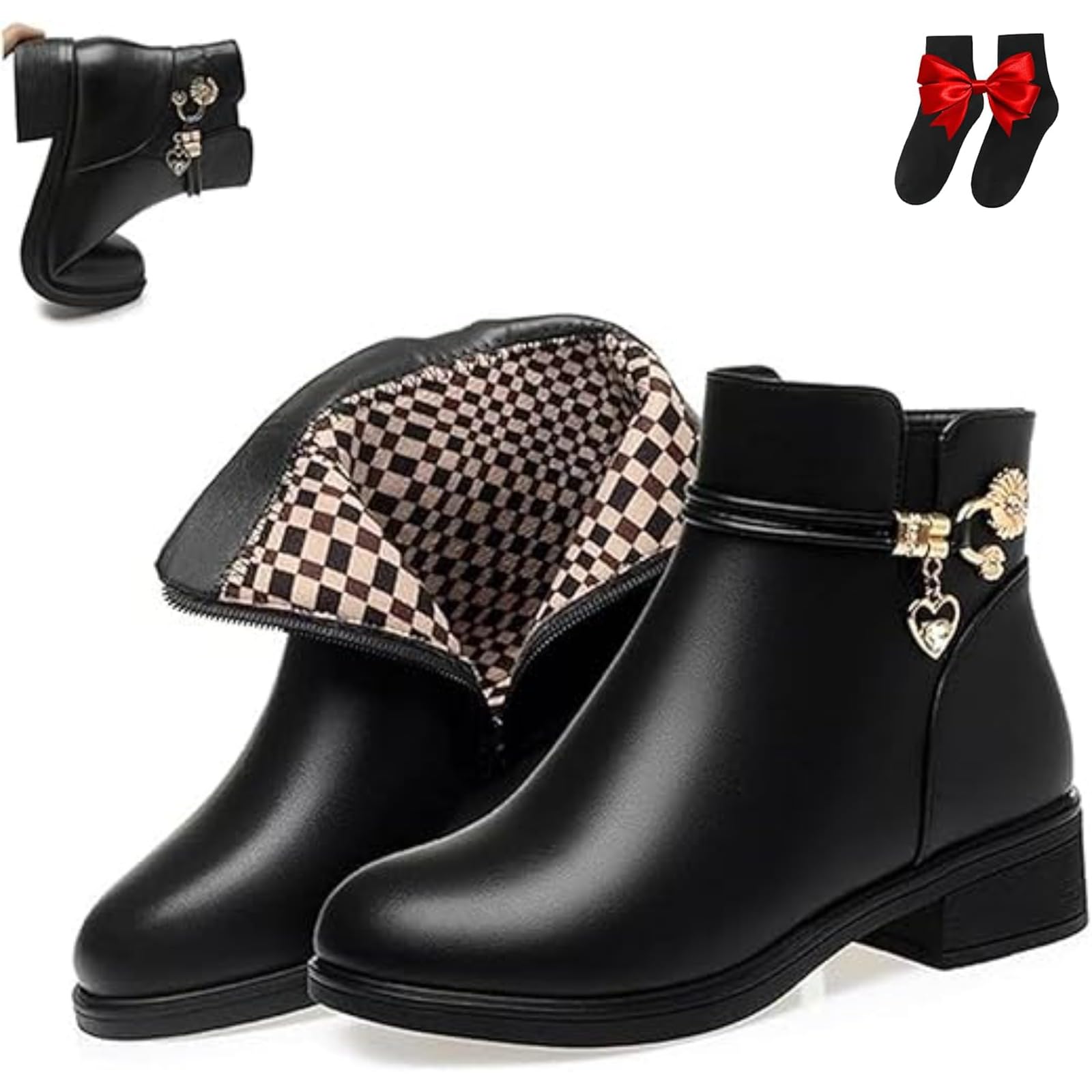 Womens Genuine Leather Wool Orthopedic Boots Winter Warm Low Block Heel Snow Booties Leather Sparkling Rhinestones Waterproof Orthopedic