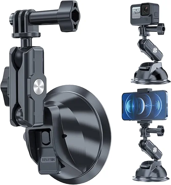 TELESIN Suction Cup Car Mount with Phone Holder, Windshield Window Dashboard Boats Vehicle Attach for DJI Action 5 Pro Action 4 3 GoPro Max Mini Hero 13 12 11 10 9 8 Insta360 X5 X4 X3 Ace Pro Pocket 3