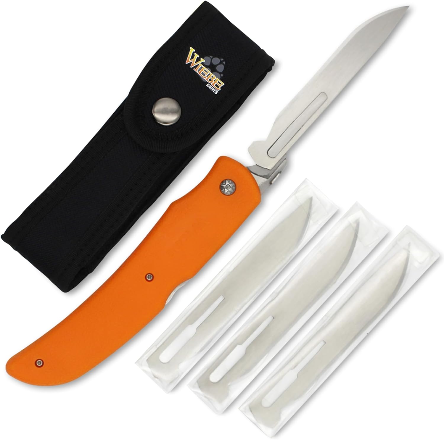 Wiebe Tala Folding Hunting Knife with Sheath & 3 Extra Surgical Style 4" Blades – Wicked Sharp Replaceable Blade System, High-Vis Orange Non-Slip Grip, Locking – EDC, Deer, Big Game, Hunting Knife