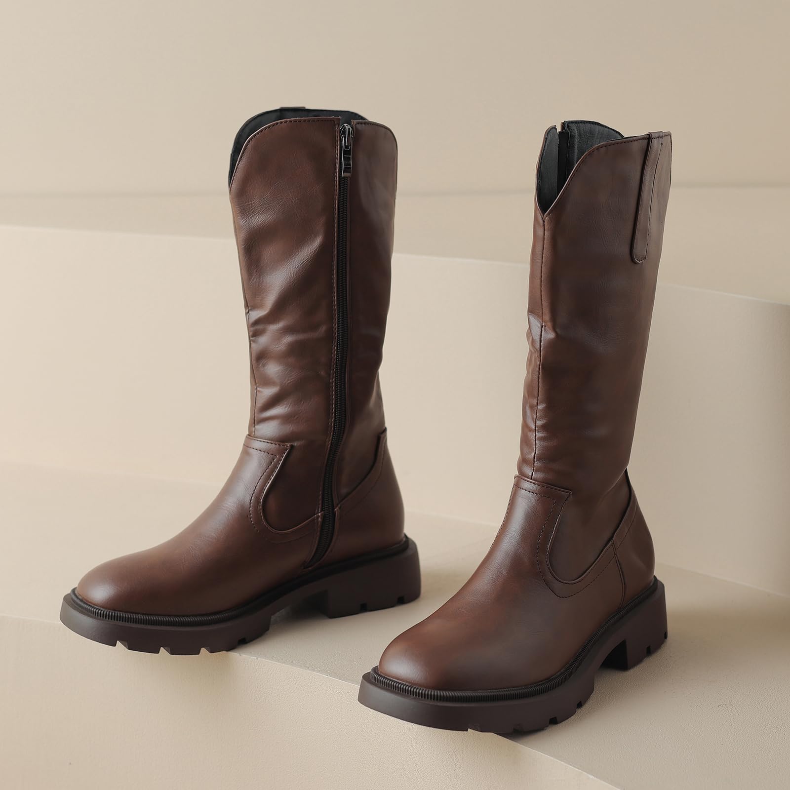 Bviennic Mujer Botas Planas Tacón Medio Botas de Media Pantorrilla Punta Rojoonda Zip Moda Botas de Montar, Talla 34-41