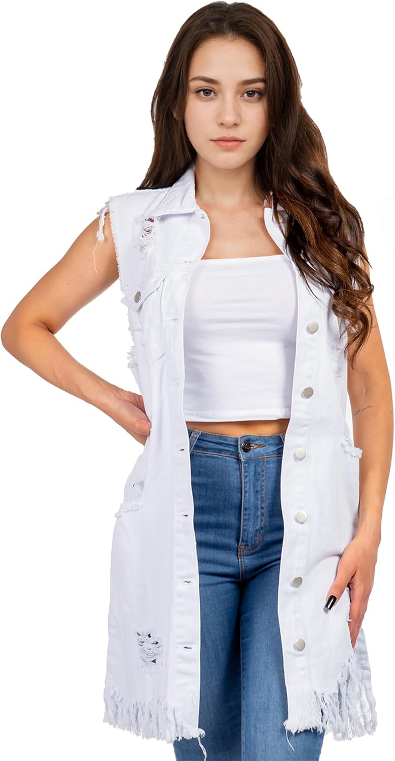Songling Women's Distressed Ripped Sleeveless Mid Long Denim Jacket Jean Vest Cardigan Coats