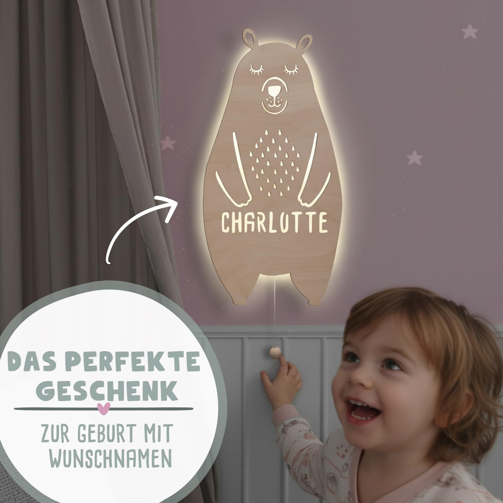 hellomini Personalisierbares LED-Nachtlicht mit Name für Kinder & Babys | Holz-Wandlampe | Schlummerlicht mit Motivwahl – Geschenk zur Geburt & Taufe (Bela die Bergwelt)