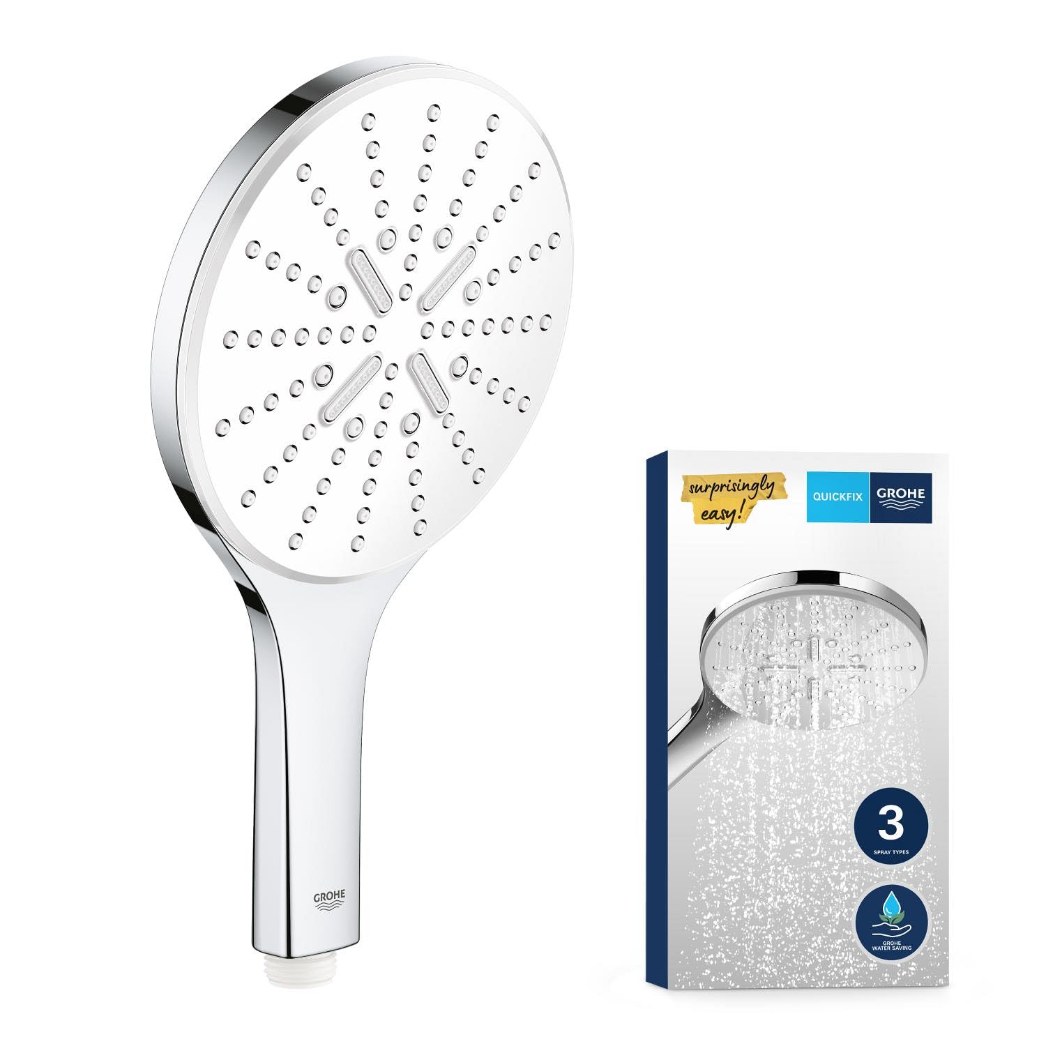 GROHE Vitalio SmartActive 150|Manopola doccia a tre getti|GROHE Water Saving (portata limitata a 9,5 l/min)|Sistema di fissaggio universale|Bianco|26597000
