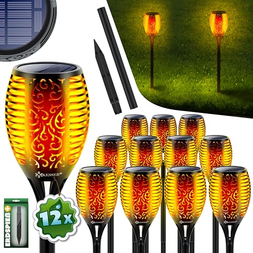KESSER® Gartenfackel Solar 12er Set Solarleuchten 12 LEDs Flamme mit Wandhalterung + Erdspieß Licht-Sensor Wetterfest Garten Solarleuchte Fackel Lichter LED Gartenlampe Solarlampe Flammenlicht