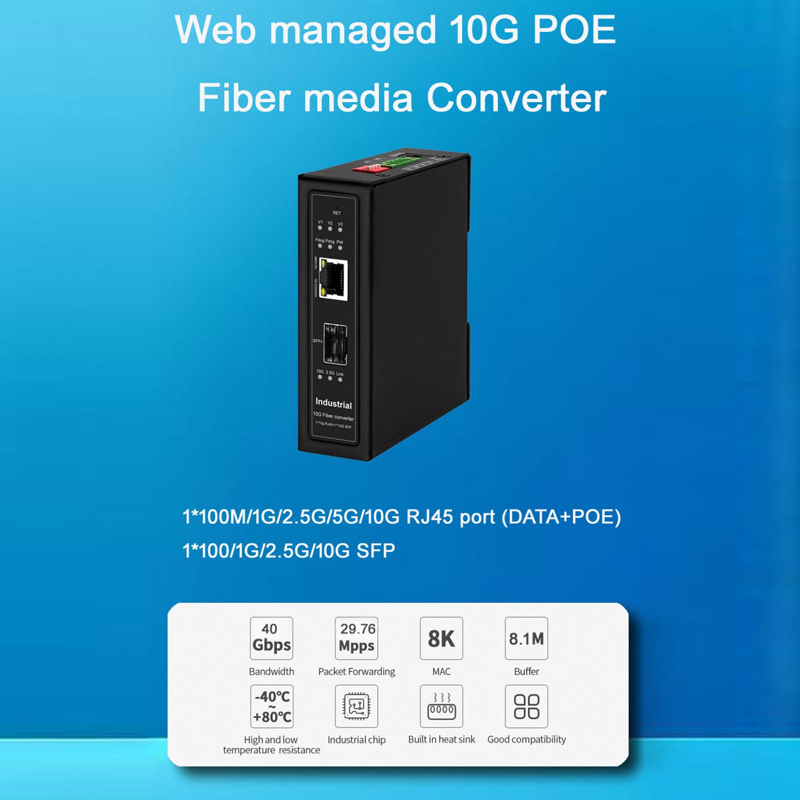 Convertisseurs Ethernet industriels 10G avec gestion Web et double entrée d'alimentation pour environnements difficiles Convertisseurs de fibre poète industrielle