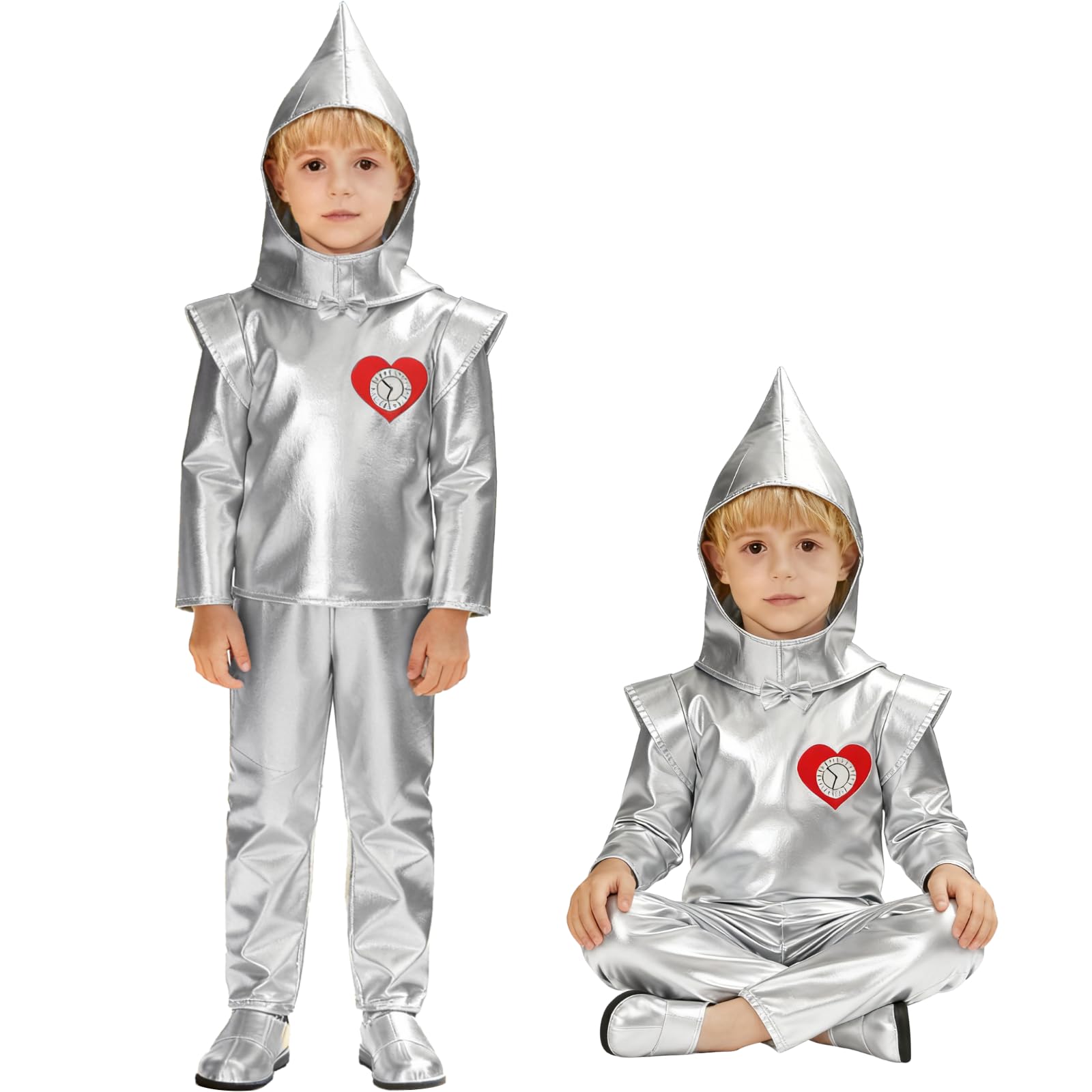 maxToonrain Kids Tin Man Costumes 3 PCS Boys and Girls Book Movie Character Fancy Dress with Tops, Trousers and Helmet for World Book Day Halloween Christmas (Medium, 5-6 Year)