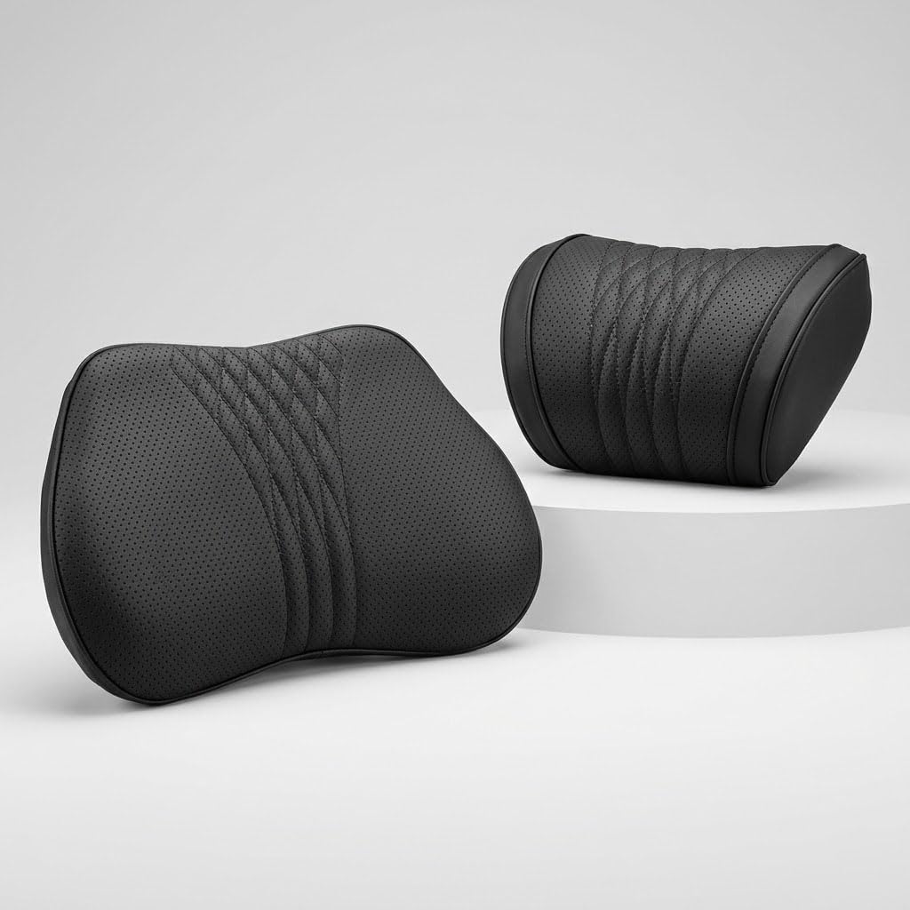 QIZUN Car Neck Pillow for BMW i5 Touring (Estate) Type G61E (G61) 2024, Lumbar Support Faux Leather 6000 Air Holes Breathable Long Drive Memory Foam 2-Piece Set