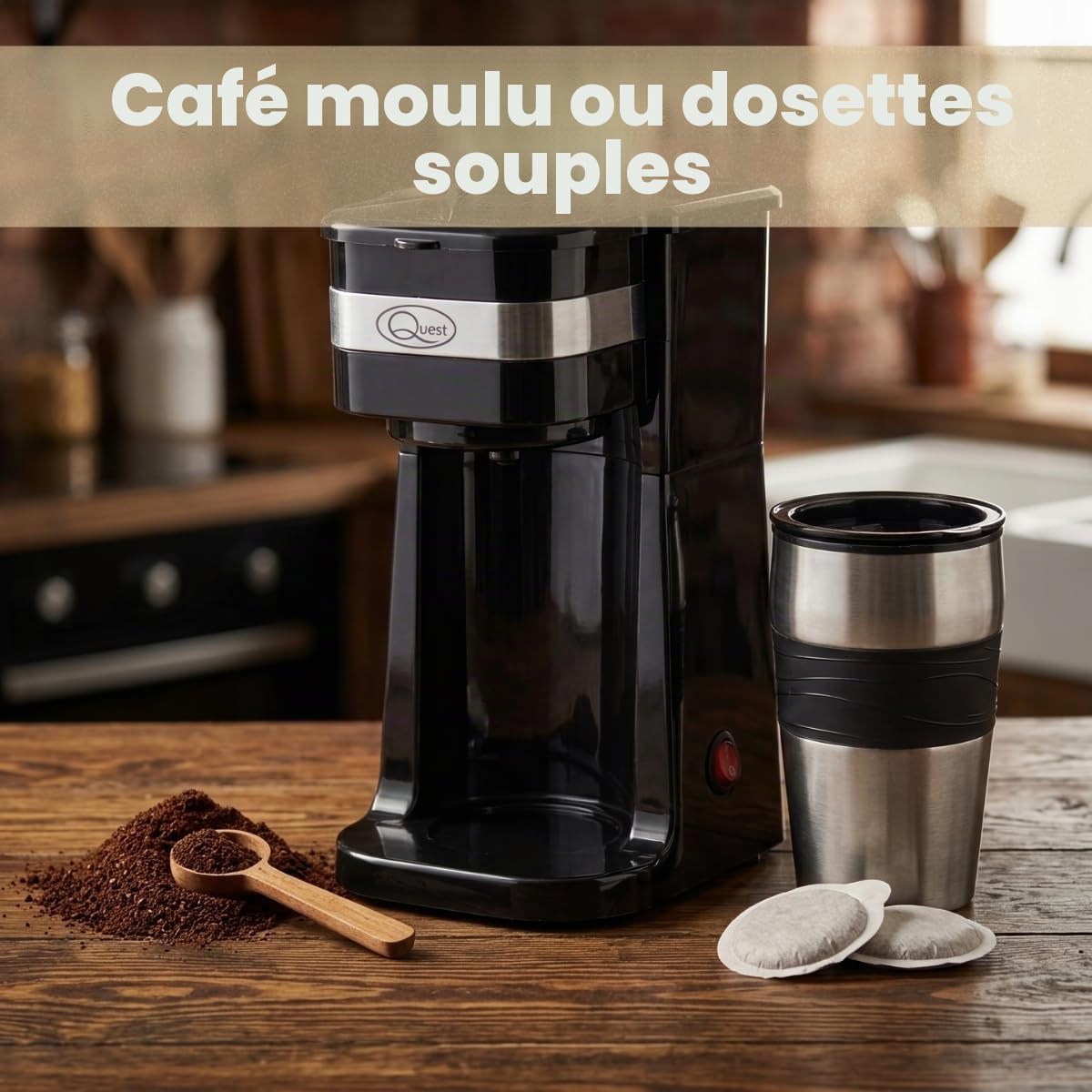 Quest 35189 Machine à café filtrante portable avec filtre de voyage, capacité de 420 ml, tasse de voyage thermique incluse, fonctionne avec les dosettes de café moulu et de café, expresso instantané