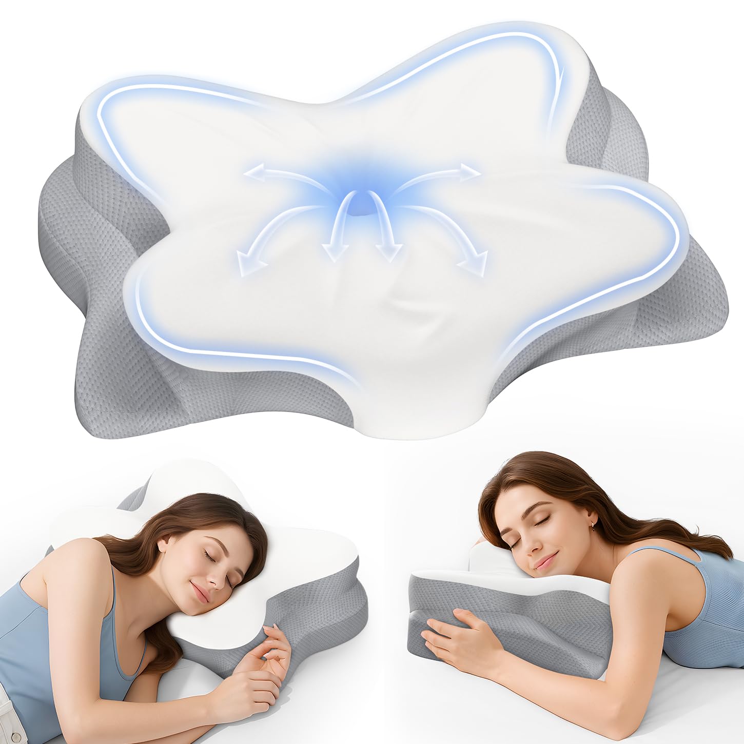 Fyova Cervical Neck Pillow, Odorless Ergonomic Memory Foam Neck Pillows with Breathable Pillowcase, Contoured Neck Support Pillows for Side Back Stomach Sleepers Light White