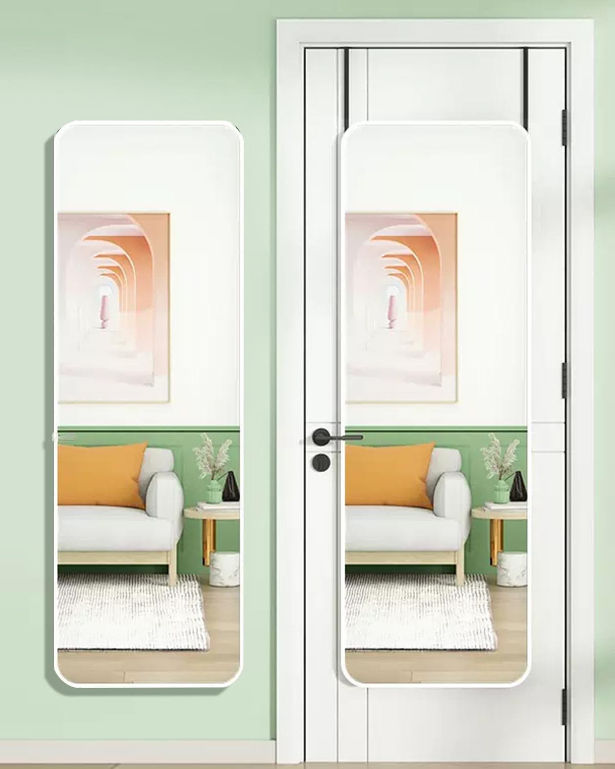 Full Length Mirror - Over The Door, 14"x 48" Rounded Corner, Wall Mirror for Full Body View, White