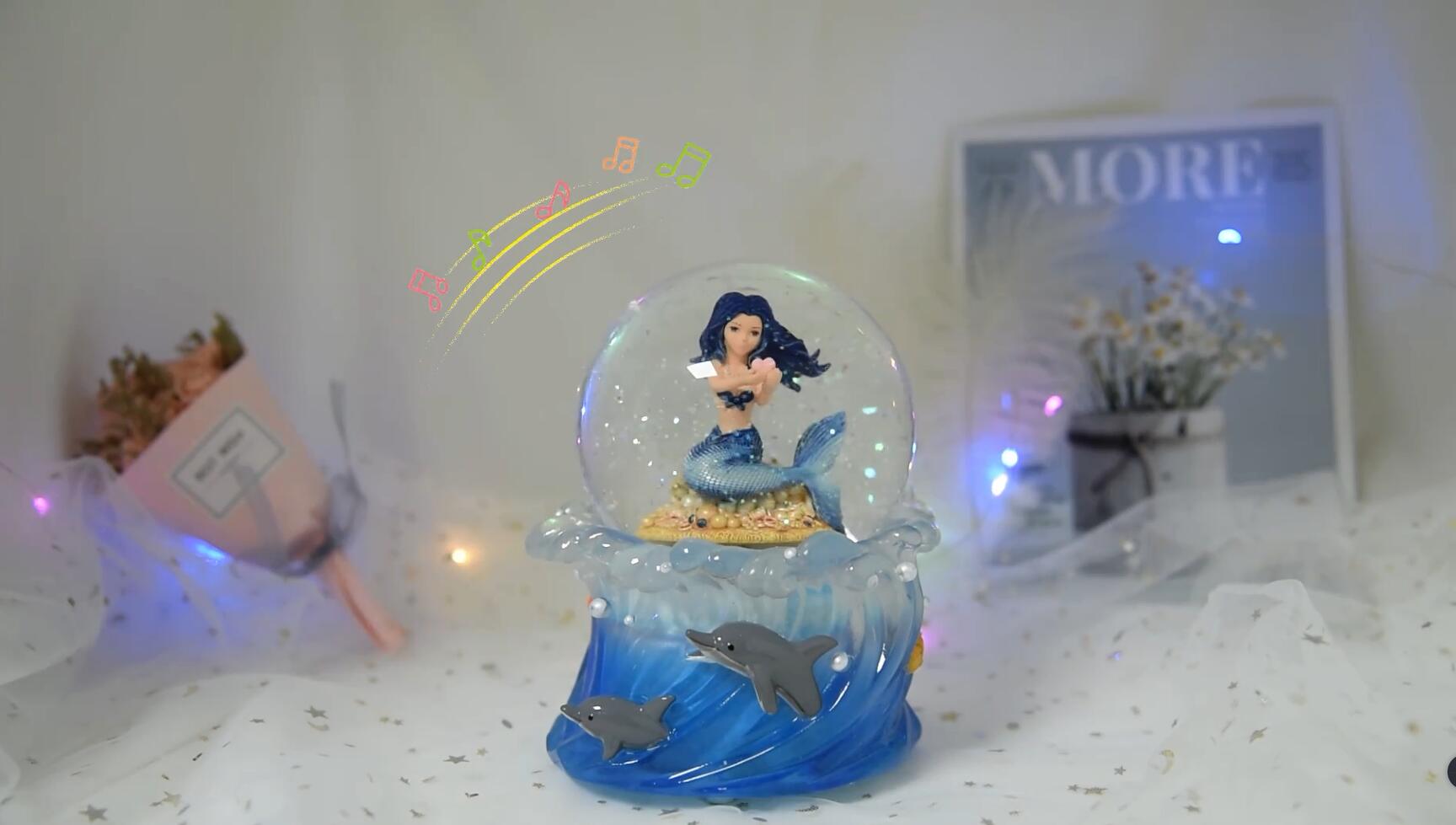 Personalized Mermaid Snow Globe - Musical With Color Changing LED Lights, 6.3" Tall, Glass Globe & Resin Base - View #3