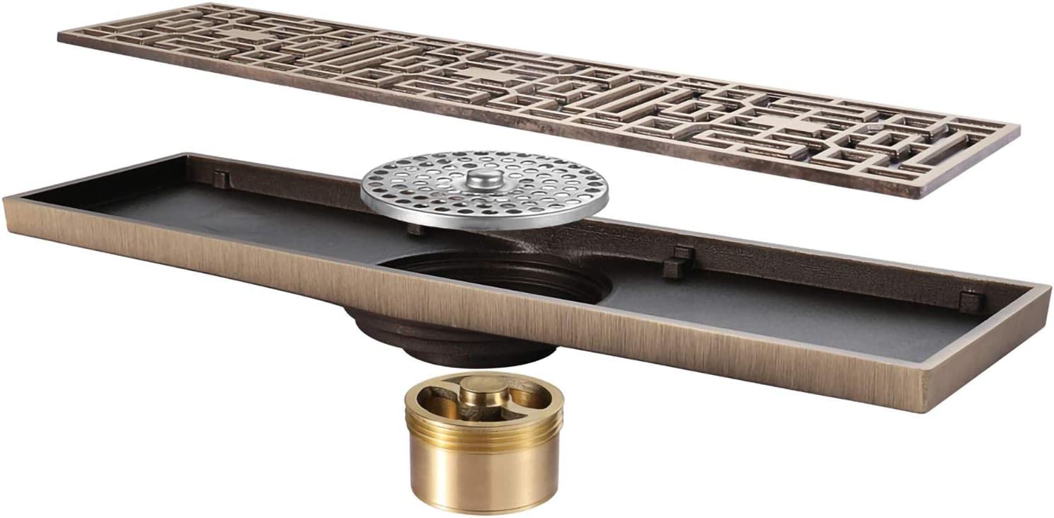 Scarico Doccia lineare Antico in Ottone Deodorante Scarico Doccia lineare a Pavimento 300×82 mm Scarico Doccia Rettangolare con griglia di Copertura Rimovibile Scarichi lineari, Bronzo
