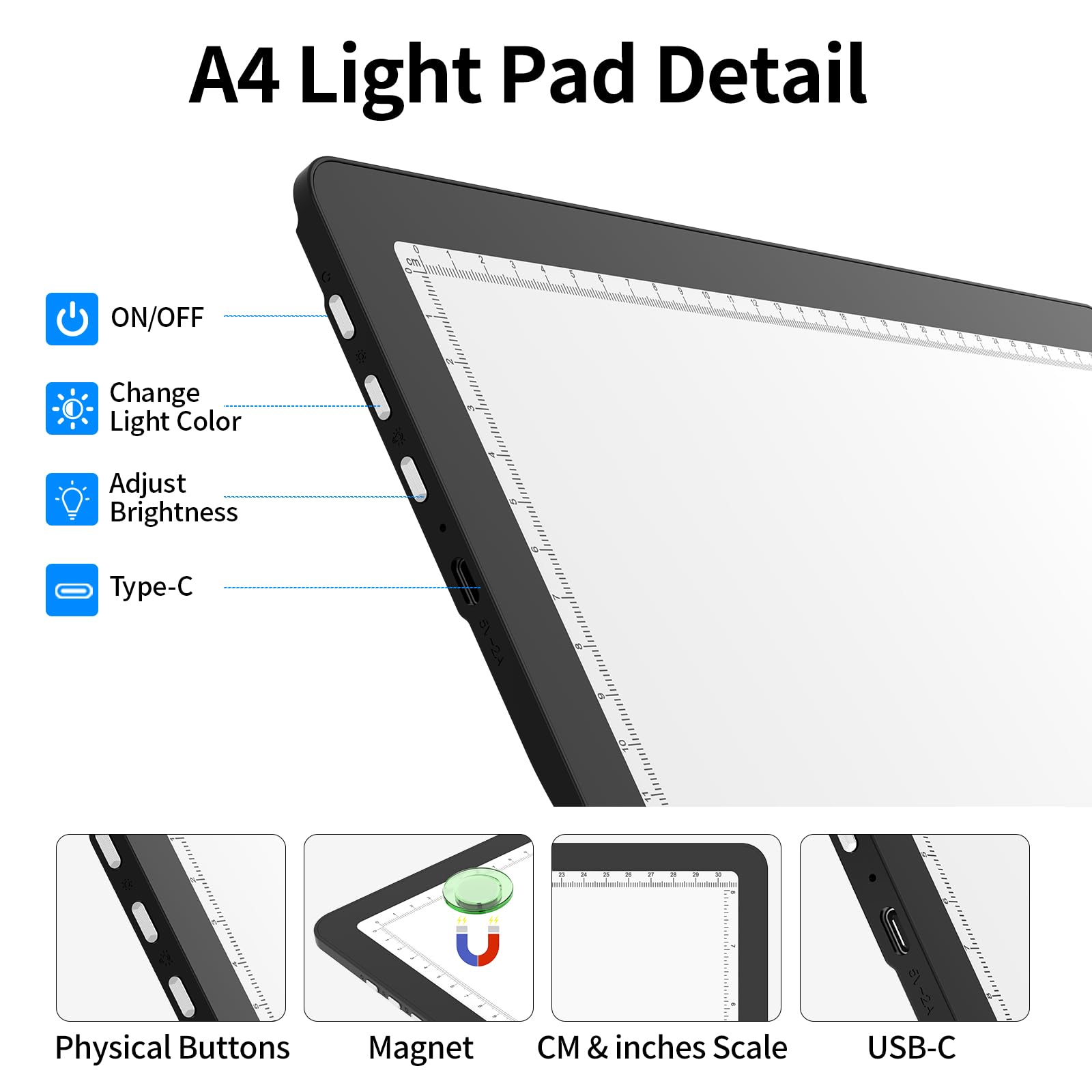TOHETO A4 rechargeable Tableau lumineux avec support, bloc lumineux magnétique super lumineux avec boutons latéraux, boîte à lumière sans fil pour le traçage et le dessin, croquis, peinture diamant