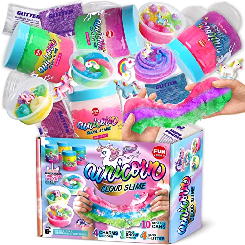 Girls Cloud Fluffy Slime Pack, FunKidz Premade Unicorn Slime 4 x 8.79 FL OZ Bottles Tricolor Rainbow Slime Gifts Toys for Kids