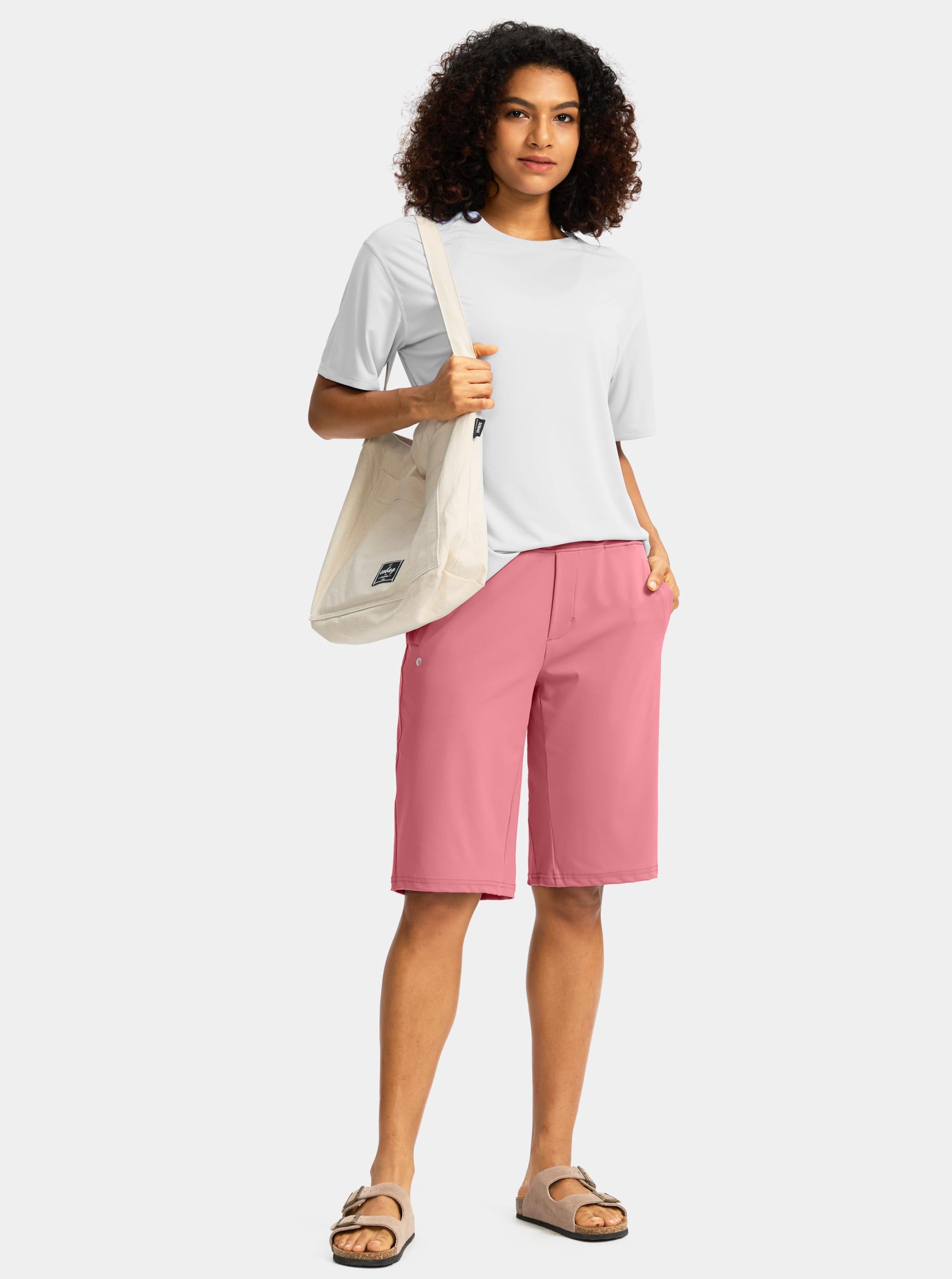 SANTINY Bermuda da donna da 30,5 cm, lunghezza al ginocchio, con tasche, a vita alta, elasticizzati, casual, da passeggio