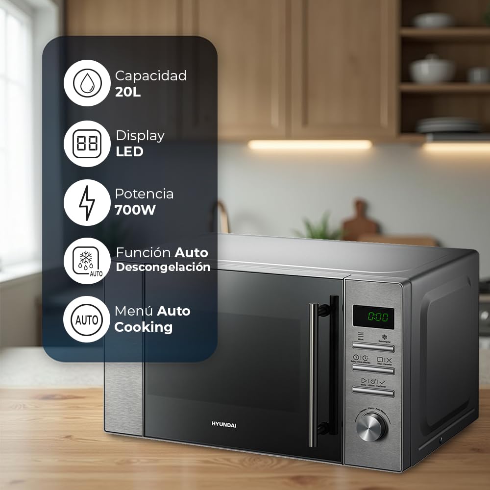 Hyundai Microondas 20 Litros Básico Inox HMW2700DX. 700W, 8 Programas, Modo Descongelación, Revestimiento Interior, Fácil Limpieza, Temporizador 95min.