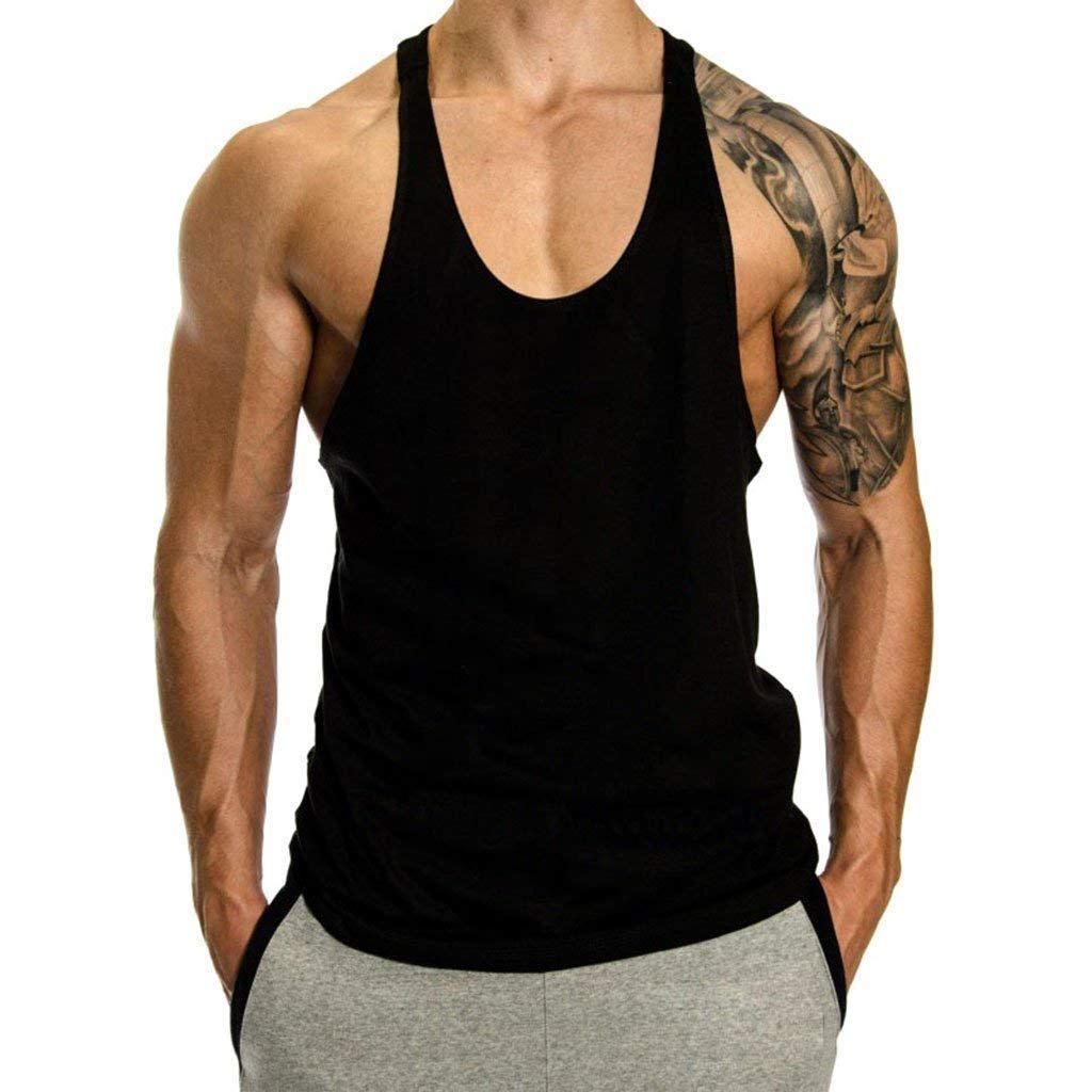 THE BLAZZEMen's Blank Stringer Y Back Bodybuilding Gym Tank Tops(M, Black)