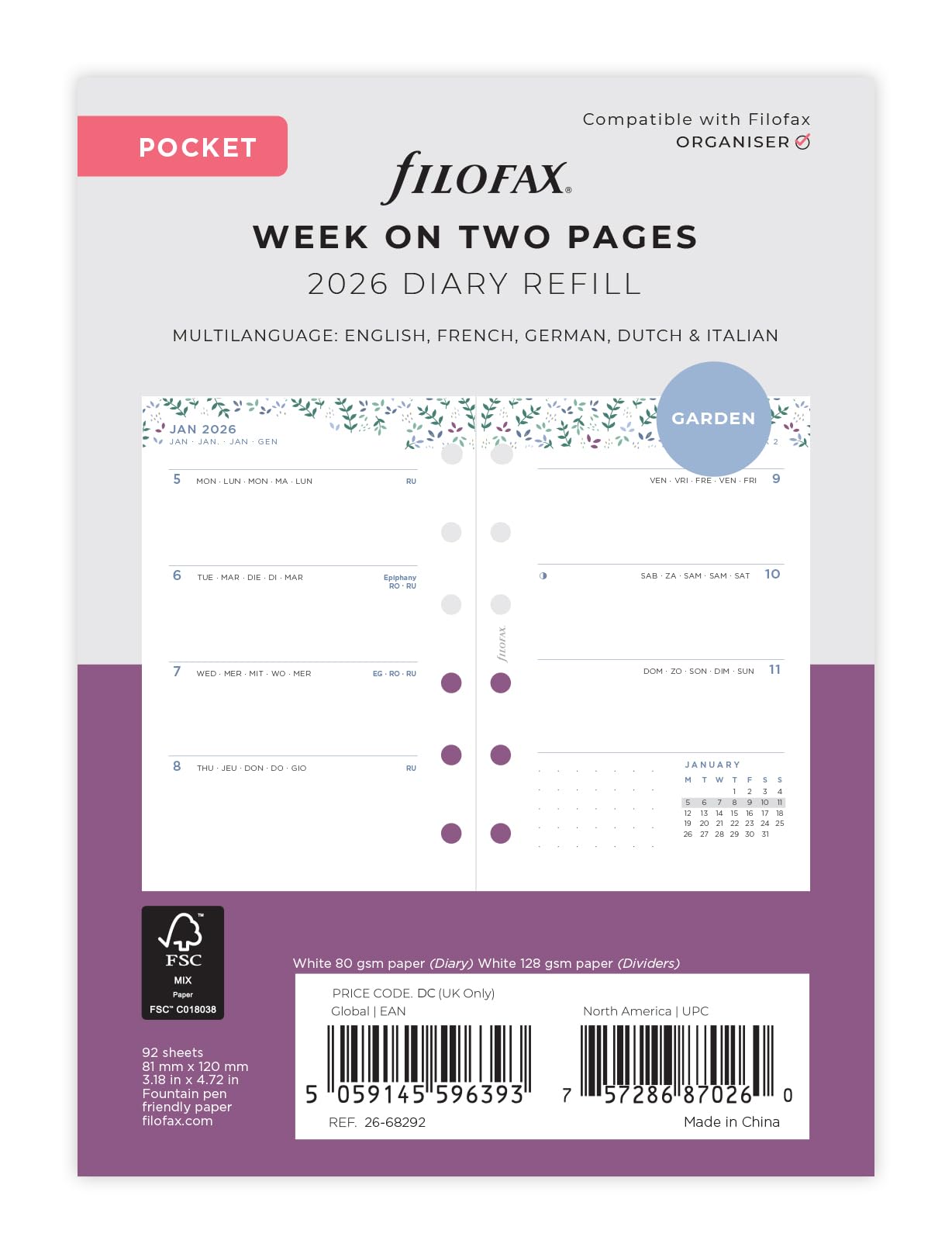 Filofax Pocket Garden week to view 2026 diary 26-68292, White, 81 x 120