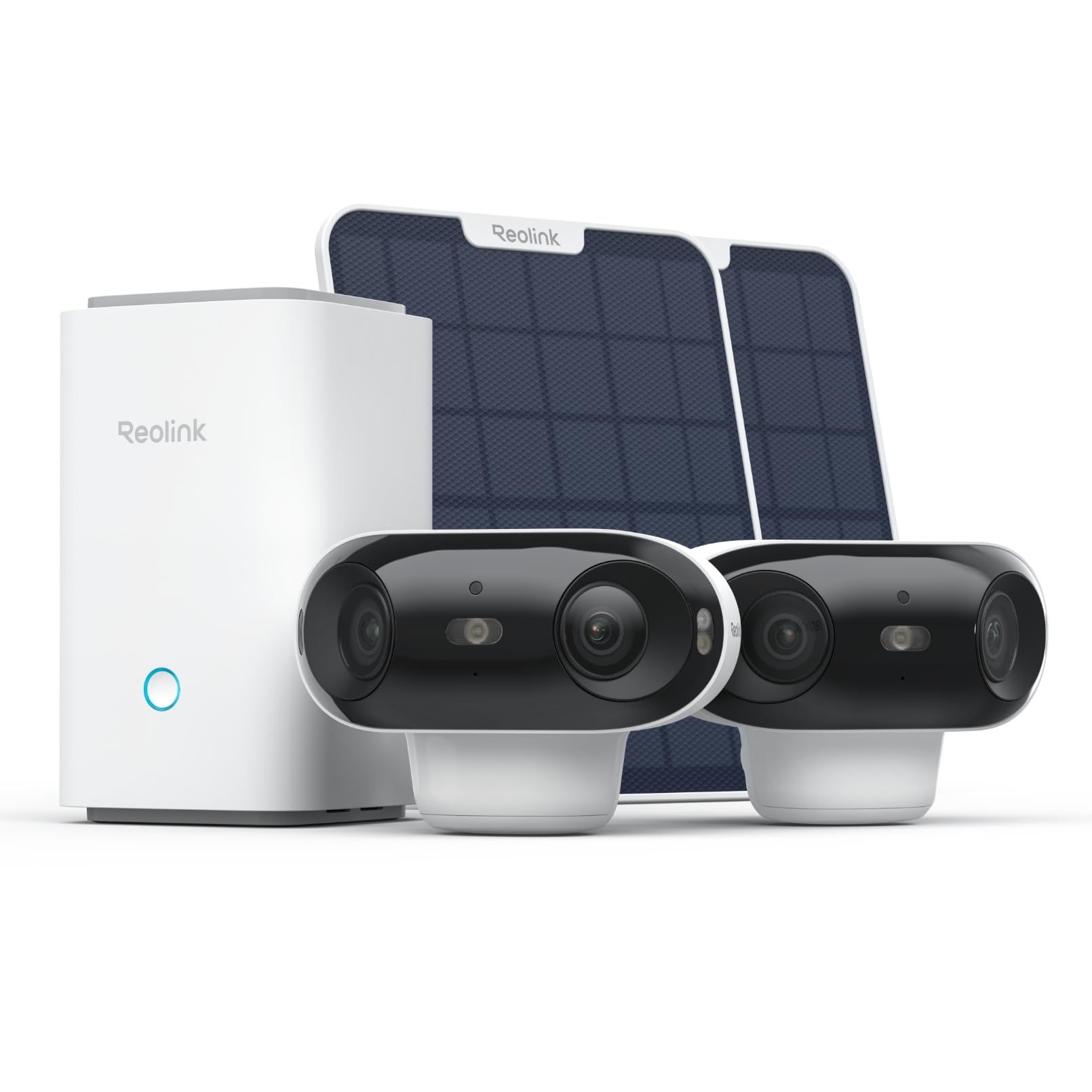 Reolink 4K Telecamera Wi-Fi Esterno Senza Fili kit, Home Hub, 2 telecamere Argus 4 Pro con Pannello Solare, Visione Notturna ColorX, Visione a 180°, Wi-Fi 6, Registrazione Locale, Nessun Costo Mensile