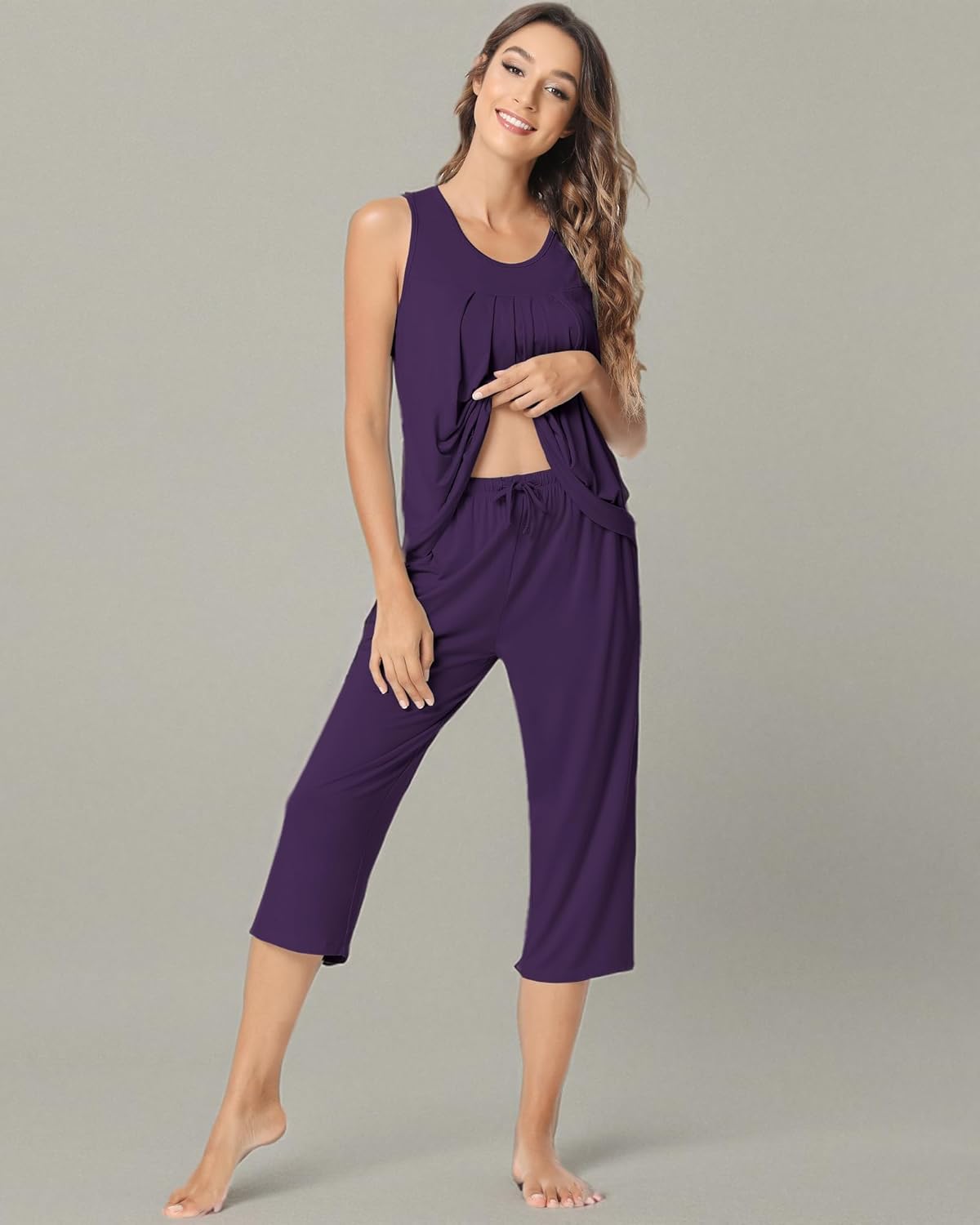 NACHILA Pajamas for Women-Viscose Made from Bamboo, Sleeveless Pjs Tank Top Capri Pants Pajama Sets Cooling Sleepwear - Image 7
