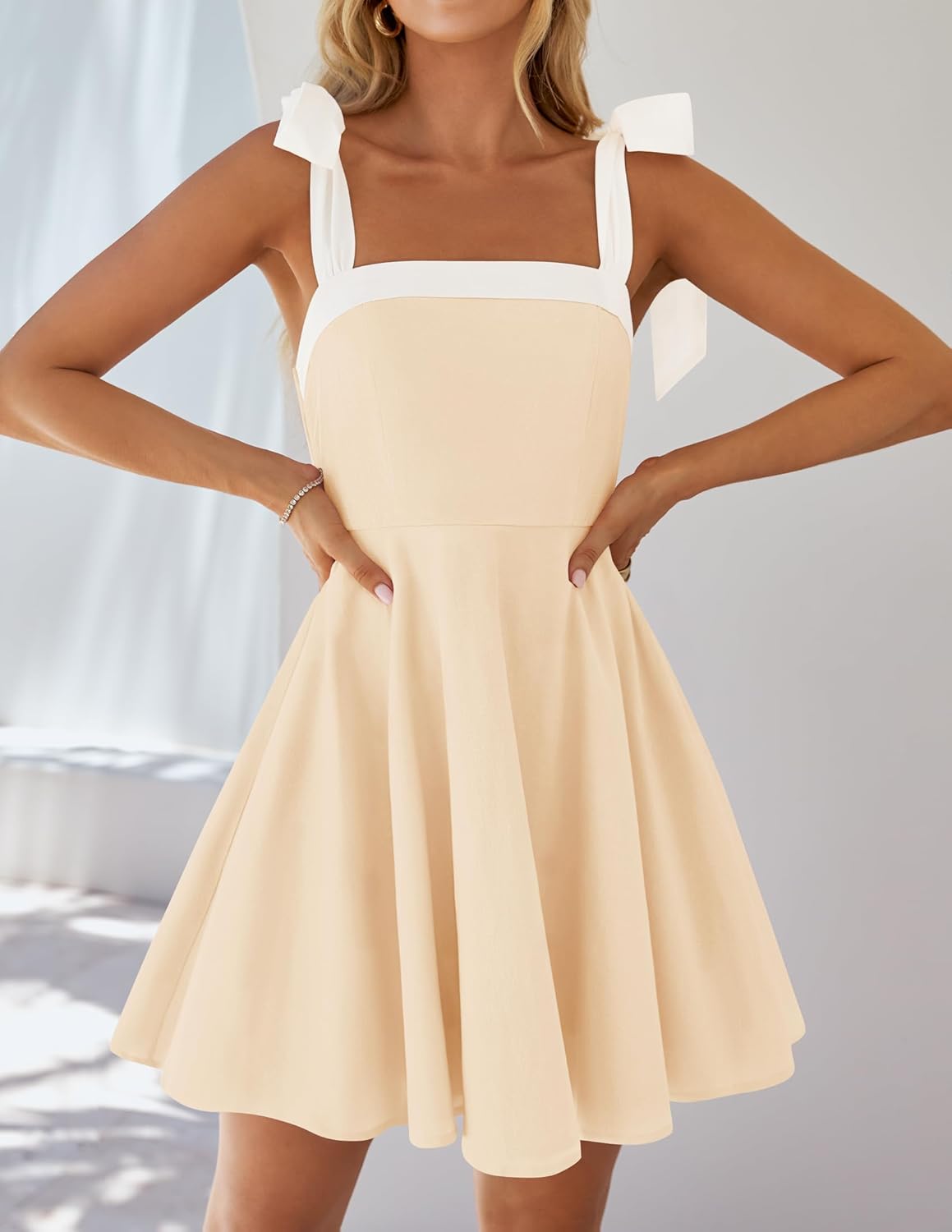 ZESICA Womens Summer Sleeveless Mini Dress Tie Shoulder Square Neck High Waist Swing A Line Short Sundresses - Image 7