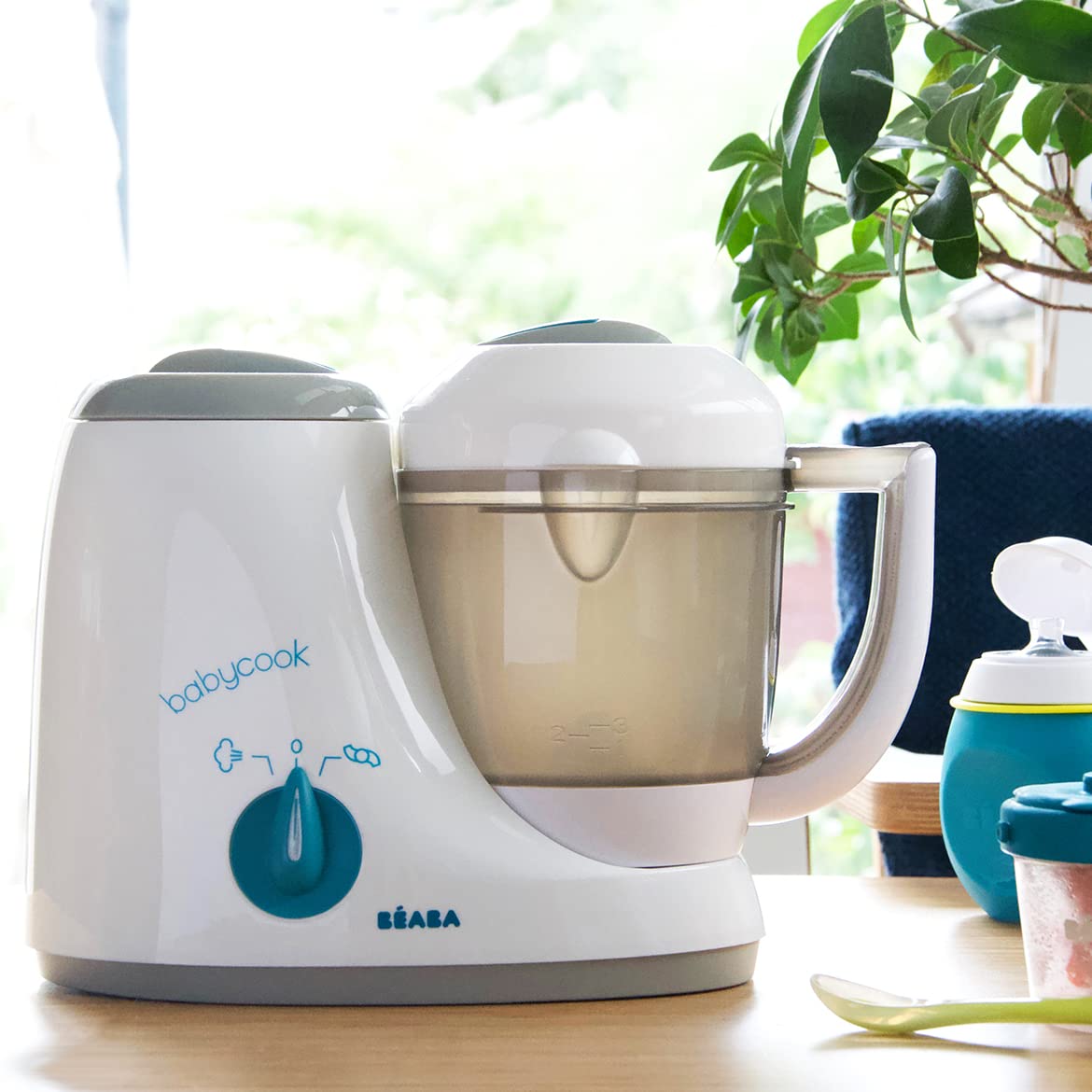 BEABA Babycook Original Cuiseur vapeur 4 en 1 avec mélangeur 3,5 tasses Passe au lave-vaisselle Paon